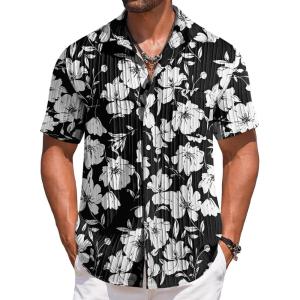 imageCOOFANDY Mens Casual Short Sleeve Button Down Shirts Textured Summer Beach Shirts Hawaiian Floral Vacation ShirtsBlackwhite Floral