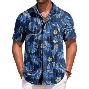 imageCOOFANDY Mens Casual Short Sleeve Button Down Shirts Textured Summer Beach Shirts Hawaiian Floral Vacation ShirtsBlueyellow Leaves
