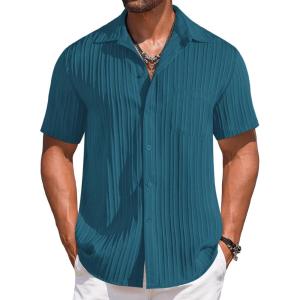 imageCOOFANDY Mens Casual Short Sleeve Button Down Shirts Textured Summer Beach Shirts Hawaiian Floral Vacation ShirtsLake Green