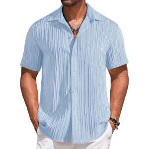 imageCOOFANDY Mens Casual Short Sleeve Button Down Shirts Textured Summer Beach Shirts Hawaiian Floral Vacation ShirtsLight Blue