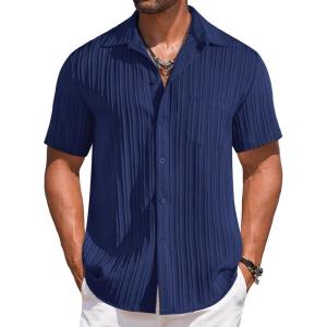imageCOOFANDY Mens Casual Short Sleeve Button Down Shirts Textured Summer Beach Shirts Hawaiian Floral Vacation ShirtsNavy Blue