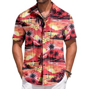 imageCOOFANDY Mens Casual Short Sleeve Button Down Shirts Textured Summer Beach Shirts Hawaiian Floral Vacation ShirtsSunset  Coconut Tree