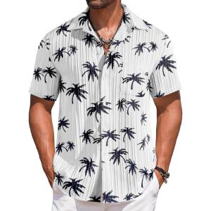 imageCOOFANDY Mens Casual Short Sleeve Button Down Shirts Textured Summer Beach Shirts Hawaiian Floral Vacation ShirtsWhitecoconut Tree