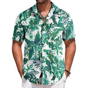 imageCOOFANDY Mens Casual Short Sleeve Button Down Shirts Textured Summer Beach Shirts Hawaiian Floral Vacation ShirtsWhitegreen Leaves