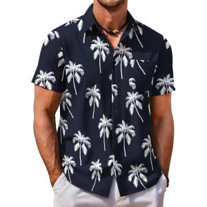 imageCOOFANDY Mens Hawaiian Shirt Short Sleeve Button Down Shirt Tropical Summer Beach ShirtCoconut Treedark Blue