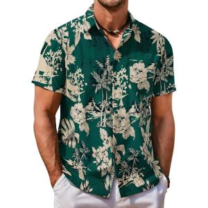 imageCOOFANDY Mens Hawaiian Shirt Short Sleeve Button Down Shirt Tropical Summer Beach ShirtLeafdark Green