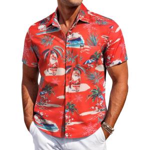 imageCOOFANDY Mens Hawaiian Shirt Short Sleeve Button Down Shirt Tropical Summer Beach ShirtTreesanta Claus