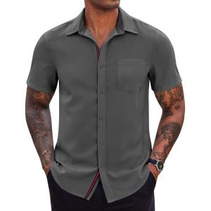 imageCOOFANDY Mens Casual Button Down Shirts Stretch Short Sleeve Business Dress Shirt with PocketDark Grey