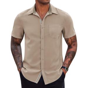imageCOOFANDY Mens Casual Button Down Shirts Stretch Short Sleeve Business Dress Shirt with PocketKhaki