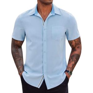 imageCOOFANDY Mens Casual Button Down Shirts Stretch Short Sleeve Business Dress Shirt with PocketLight Blue