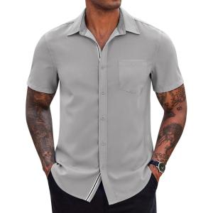 imageCOOFANDY Mens Casual Button Down Shirts Stretch Short Sleeve Business Dress Shirt with PocketLight Grey