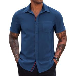 imageCOOFANDY Mens Casual Button Down Shirts Stretch Short Sleeve Business Dress Shirt with PocketNavy