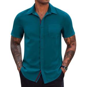 imageCOOFANDY Mens Casual Button Down Shirts Stretch Short Sleeve Business Dress Shirt with PocketTeal