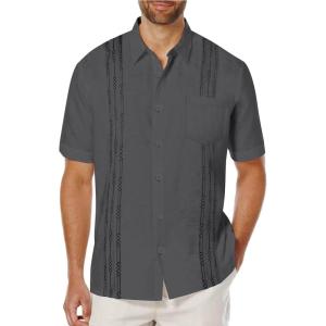 imageCOOFANDY Mens Cuban Guayabera Shirt Short Sleeve Linen Button Down Shirts Casual Summer Beach TopsDark Grey