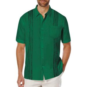 imageCOOFANDY Mens Cuban Guayabera Shirt Short Sleeve Linen Button Down Shirts Casual Summer Beach TopsGreen