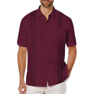 imageCOOFANDY Mens Cuban Guayabera Shirt Short Sleeve Linen Button Down Shirts Casual Summer Beach TopsMaroon