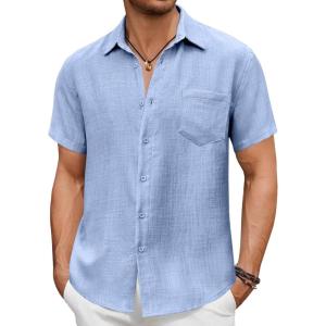 imageCOOFANDY Mens Short Sleeve Button Down Shirt Casual Summer Beach Untucked Vacation Textured Shirts with PocketAngel Falls