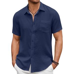 imageCOOFANDY Mens Short Sleeve Button Down Shirt Casual Summer Beach Untucked Vacation Textured Shirts with PocketBlack Iris