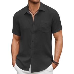 imageCOOFANDY Mens Short Sleeve Button Down Shirt Casual Summer Beach Untucked Vacation Textured Shirts with PocketBlack Onyx