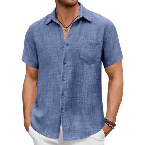 imageCOOFANDY Mens Short Sleeve Button Down Shirt Casual Summer Beach Untucked Vacation Textured Shirts with PocketDark Blue