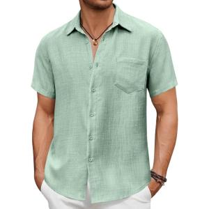 imageCOOFANDY Mens Short Sleeve Button Down Shirt Casual Summer Beach Untucked Vacation Textured Shirts with PocketGossamer Green