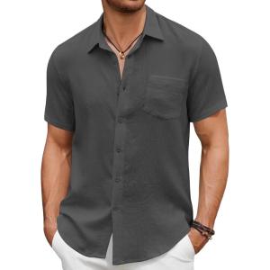 imageCOOFANDY Mens Short Sleeve Button Down Shirt Casual Summer Beach Untucked Vacation Textured Shirts with PocketGranite Gray