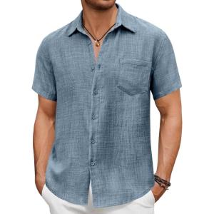 imageCOOFANDY Mens Short Sleeve Button Down Shirt Casual Summer Beach Untucked Vacation Textured Shirts with PocketMidnight