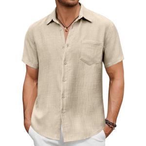 imageCOOFANDY Mens Short Sleeve Button Down Shirt Casual Summer Beach Untucked Vacation Textured Shirts with PocketOyster Gray