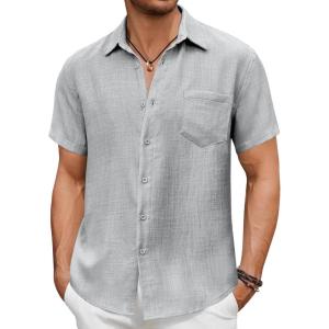 imageCOOFANDY Mens Short Sleeve Button Down Shirt Casual Summer Beach Untucked Vacation Textured Shirts with PocketQuiet Gray