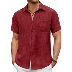 imageCOOFANDY Mens Short Sleeve Button Down Shirt Casual Summer Beach Untucked Vacation Textured Shirts with PocketScarlet Sage