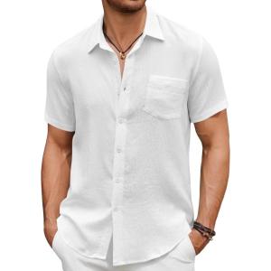 imageCOOFANDY Mens Short Sleeve Button Down Shirt Casual Summer Beach Untucked Vacation Textured Shirts with PocketWhite
