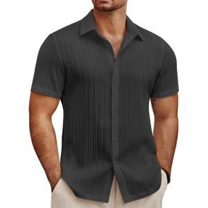 imageCOOFANDY Mens Summer Beach Vacation Shirt Casual Short Sleeve Button Down Shirt for MenBlack