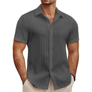 imageCOOFANDY Mens Summer Beach Vacation Shirt Casual Short Sleeve Button Down Shirt for MenDark Grey