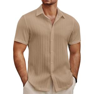 imageCOOFANDY Mens Summer Beach Vacation Shirt Casual Short Sleeve Button Down Shirt for MenDark Khaki