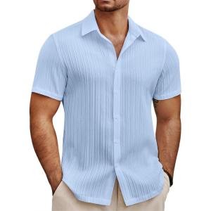 imageCOOFANDY Mens Summer Beach Vacation Shirt Casual Short Sleeve Button Down Shirt for MenLight Blue