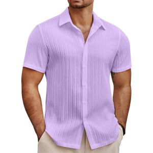 imageCOOFANDY Mens Summer Beach Vacation Shirt Casual Short Sleeve Button Down Shirt for MenLight Purple