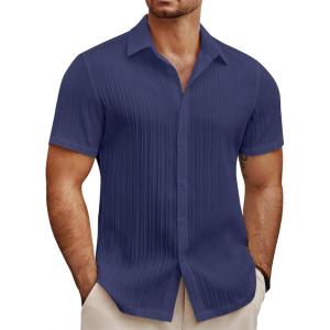 imageCOOFANDY Mens Summer Beach Vacation Shirt Casual Short Sleeve Button Down Shirt for MenNavy Blue