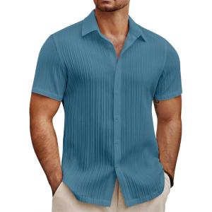 imageCOOFANDY Mens Summer Beach Vacation Shirt Casual Short Sleeve Button Down Shirt for MenPeacock Blue