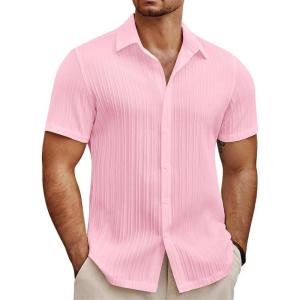 imageCOOFANDY Mens Summer Beach Vacation Shirt Casual Short Sleeve Button Down Shirt for MenPink