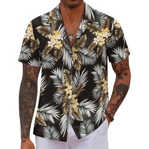 imageCOOFANDY Hawaiian Shirts for Men Short Sleeve Casual Button Down Shirt Tropical Summer Beach ShirtBlack Khaki Leaf