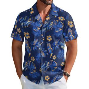 imageCOOFANDY Hawaiian Shirts for Men Short Sleeve Casual Button Down Shirt Tropical Summer Beach ShirtBlue Leaves