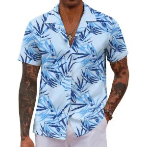 imageCOOFANDY Hawaiian Shirts for Men Short Sleeve Casual Button Down Shirt Tropical Summer Beach ShirtLight Blue Leaf
