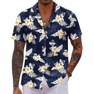 imageCOOFANDY Hawaiian Shirts for Men Short Sleeve Casual Button Down Shirt Tropical Summer Beach ShirtNavy Tropical Leaf