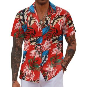 imageCOOFANDY Hawaiian Shirts for Men Short Sleeve Casual Button Down Shirt Tropical Summer Beach ShirtRed Tropical Leaf