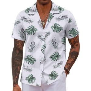 imageCOOFANDY Hawaiian Shirts for Men Short Sleeve Casual Button Down Shirt Tropical Summer Beach ShirtWhite Green Leaf