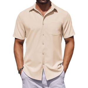imageCOOFANDY Mens Button Down Shirts Short Sleeve Stain Shield Dress Shirts Business Casual Shirt with PocketBeige