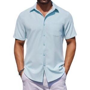 imageCOOFANDY Mens Button Down Shirts Short Sleeve Stain Shield Dress Shirts Business Casual Shirt with PocketClear Blue