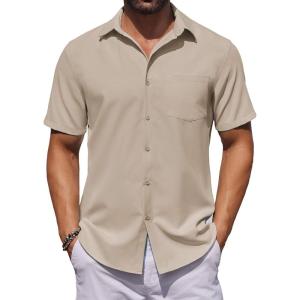 imageCOOFANDY Mens Button Down Shirts Short Sleeve Stain Shield Dress Shirts Business Casual Shirt with PocketKhaki