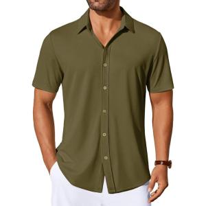 imageCOOFANDY Mens Casual Button Down Shirts Short Sleeve Wrinkle Free Shirt Untucked Summer Stretch Dress ShirtArmy Green