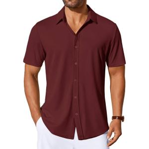 imageCOOFANDY Mens Casual Button Down Shirts Short Sleeve Wrinkle Free Shirt Untucked Summer Stretch Dress ShirtDarck Red